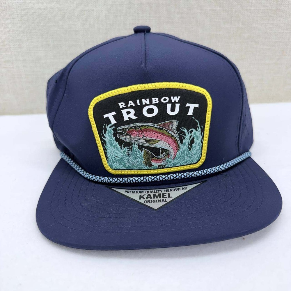 Kamel Rainbow Trout Fishing Hat Navy Blue Rope Snapback Perforated Trucker Cap
